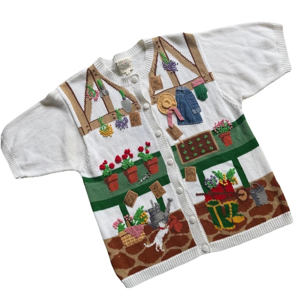 VTG Susan Bristol Gardening Sweater Womens L 90s Grandmacore Embroidered Cozy - Picture 2 of 10